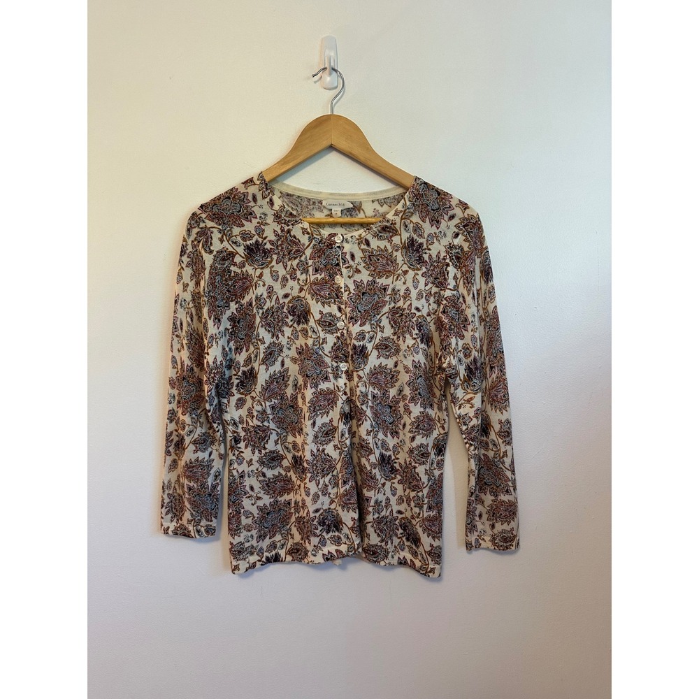 Garnet Hill Merino Wool Paisley Floral 3/4 Sleeve Cardigan | Size Medium